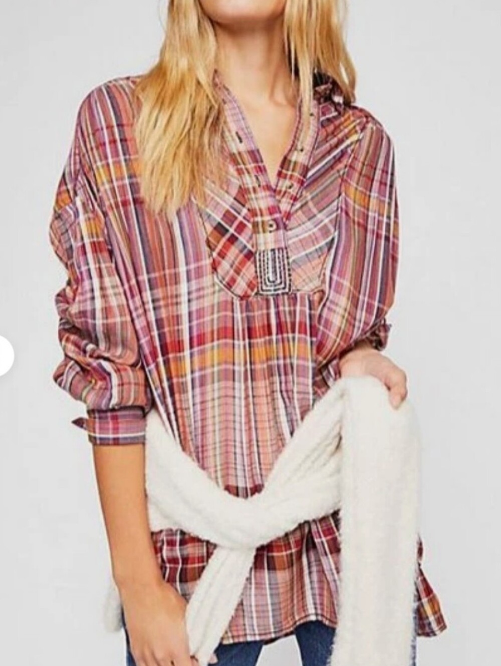 Free People Plaid Tunic Top in Pink and Rust